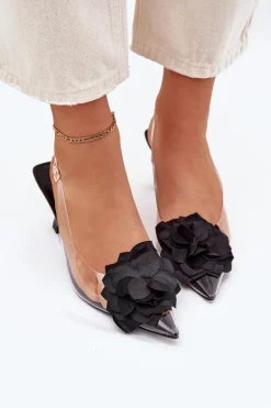 Transparentne Sandały Na Szpilce Z Ozdobnym Kwiatem Czarne Risalie