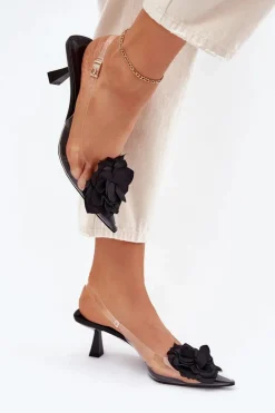 Transparentne Sandały Na Szpilce Z Ozdobnym Kwiatem Czarne Risalie