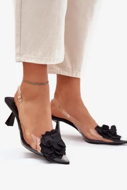 Transparentne Sandały Na Szpilce Z Ozdobnym Kwiatem Czarne Risalie