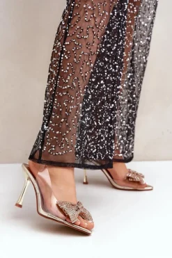 Transparentne Sandały Na Szpilce Z Błyszczącą Kokardą Złote Viosta