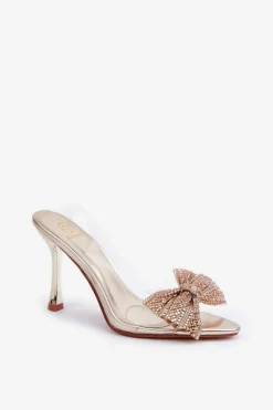 Transparentne Sandały Na Szpilce Z Błyszczącą Kokardą Złote Viosta