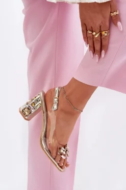 Transparentne Sandały Na Słupku Z Kryształkami Vinceza 70110 Złote