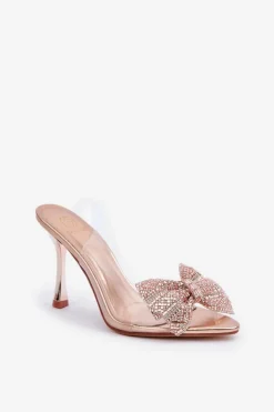 Transparentne Sandały Na Szpilce Z Błyszczącą Kokardą Różowe Złoto Viosta