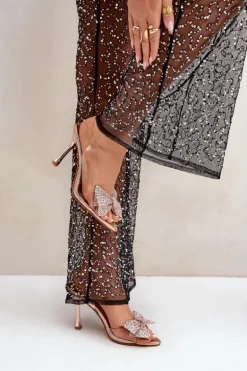 Transparentne Sandały Na Szpilce Z Błyszczącą Kokardą Różowe Złoto Viosta