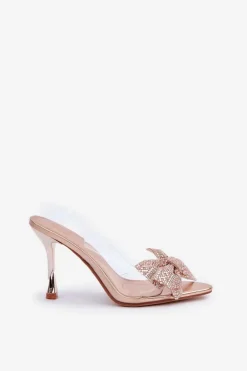 Transparentne Sandały Na Szpilce Z Błyszczącą Kokardą Różowe Złoto Viosta