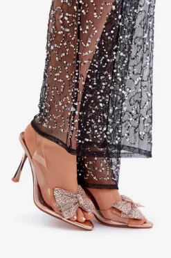 Transparentne Sandały Na Szpilce Z Błyszczącą Kokardą Różowe Złoto Viosta