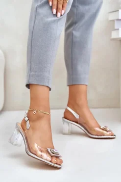 Transparentne Sandały Z Broszką Na Słupku D&A MR42-031 Srebrne