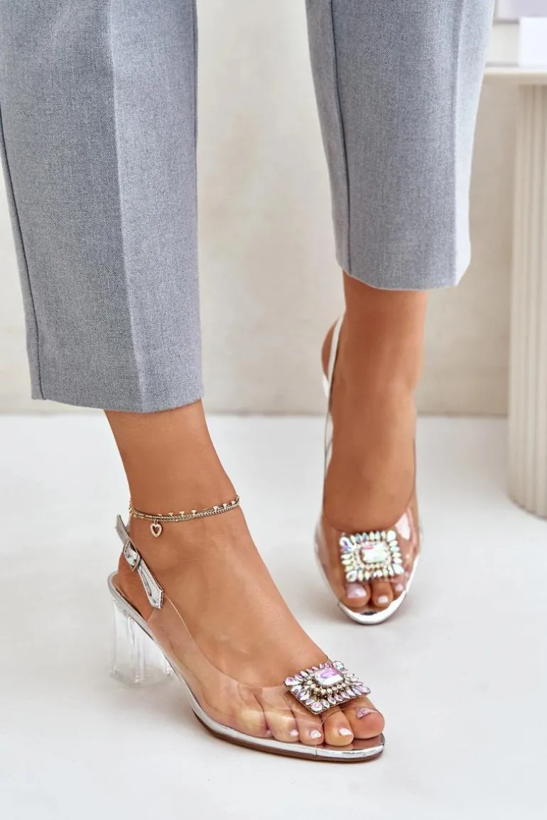 Transparentne Sandały Z Broszką Na Słupku D&A MR42-031 Srebrne