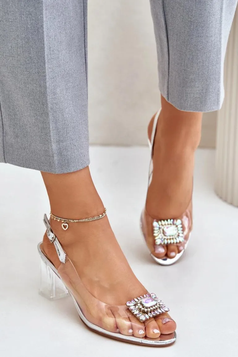 Transparentne Sandały Z Broszką Na Słupku D&A MR42-031 Srebrne