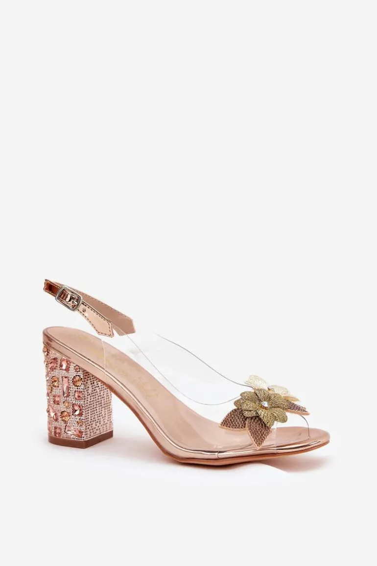 Transparentne Sandały Z Kwiatkami Na Zdobionym Obcasie D&A MR38-331 Różowe Złoto