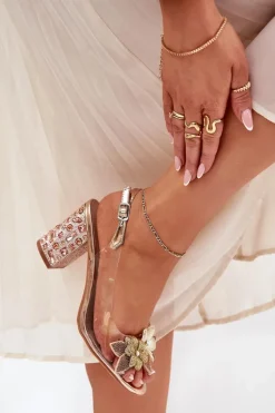 Transparentne Sandały Z Kwiatkami Na Zdobionym Obcasie D&A MR38-331 Różowe Złoto