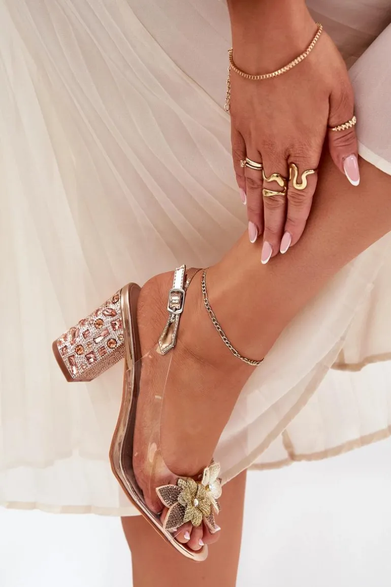 Transparentne Sandały Z Kwiatkami Na Zdobionym Obcasie D&A MR38-331 Różowe Złoto
