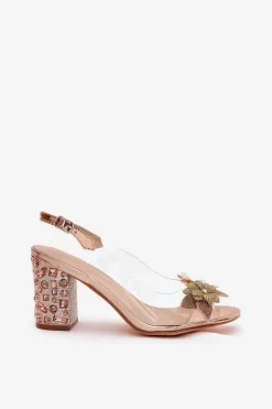 Transparentne Sandały Z Kwiatkami Na Zdobionym Obcasie D&A MR38-331 Różowe Złoto