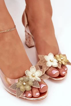 Transparentne Sandały Z Kwiatkami Na Zdobionym Obcasie D&A MR38-331 Różowe Złoto