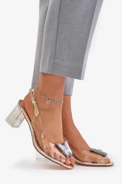 Transparentne Sandały Z Motylem Na Słupku D&A MR42-326 Złote