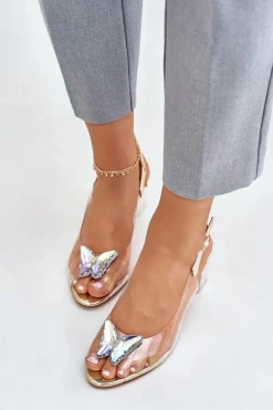 Transparentne Sandały Z Motylem Na Słupku D&A MR42-326 Złote