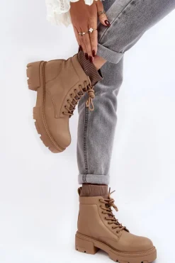 Trapery Botki Damskie Ze Skarpetą Beżowe Rivella