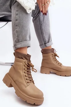 Trapery Botki Damskie Ze Skarpetą Beżowe Rivella