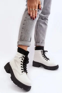 Trapery Botki Damskie Ze Skarpetą Biało-Czarne Rivella