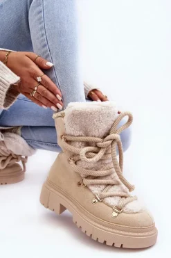 Trapery Śniegowce Damskie Z Wiązaniem Jasnobeżowe Shala
