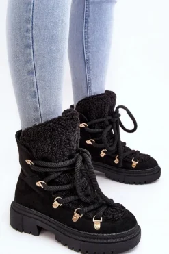 Trapery Śniegowce Damskie Z Wiązaniem Czarne Shala