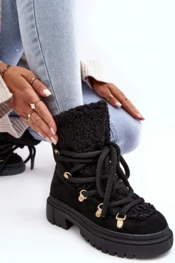 Trapery Śniegowce Damskie Z Wiązaniem Czarne Shala