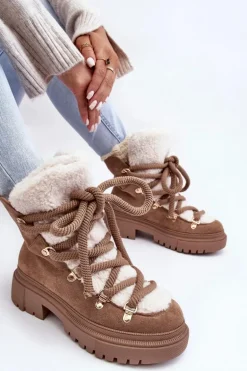 Trapery Śniegowce Damskie Z Wiązaniem Beżowe Shala