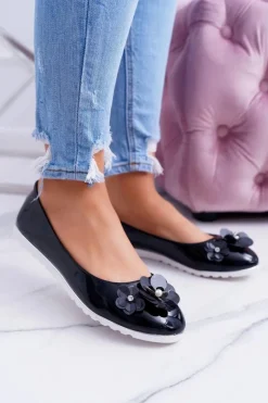Vices | Lakierowane Czarne Damskie Balerinki Z Kwiatkiem Neli
