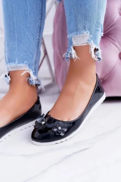 Vices | Lakierowane Czarne Damskie Balerinki Z Kwiatkiem Neli