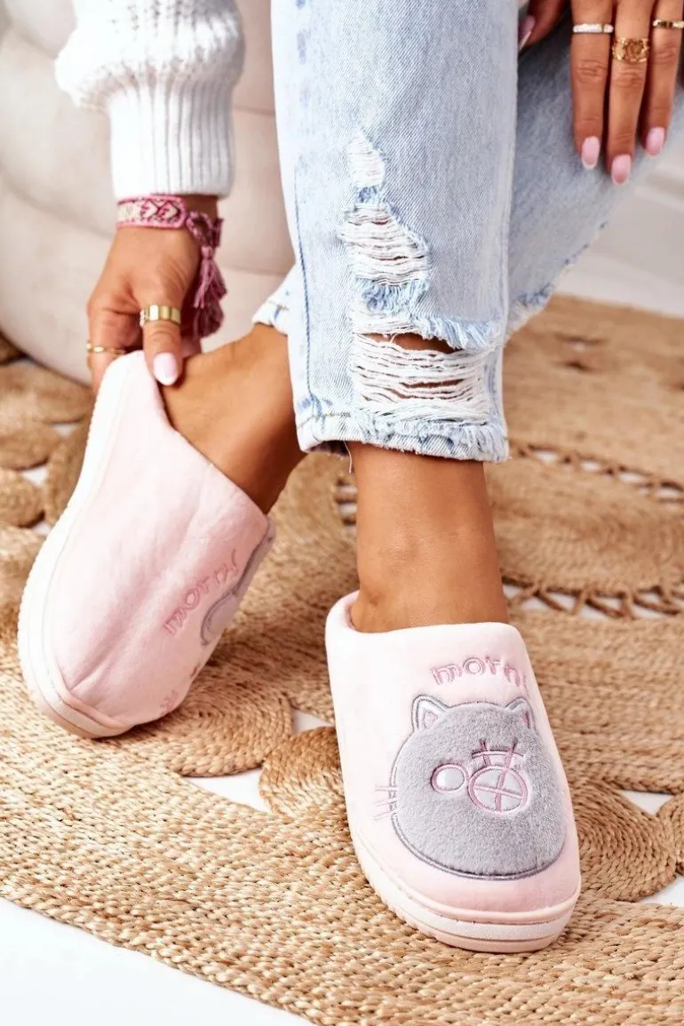 Welurowe Papcie Z Kotem Różowo-Szare Good Morning