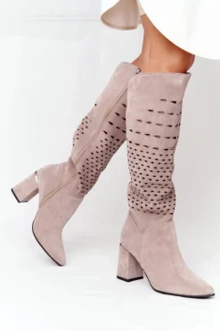 Wiosenne Ażurowe Kozaki Lewski Shoes 2847/B Beżowe