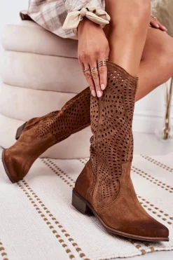 Wiosenne Ażurowe Kozaki Zamszowe Exquisite 1229 Koniak