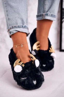 Świąteczne Ocieplane Futrzane Papcie Granatowe Jingle Bells