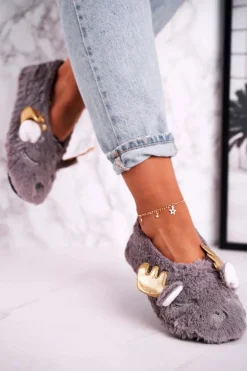 Świąteczne Ocieplane Futrzane Papcie Szare Jingle Bells