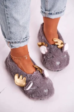 Świąteczne Ocieplane Futrzane Papcie Szare Jingle Bells