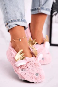 Świąteczne Ocieplane Futrzane Papcie Różowe Jingle Bells