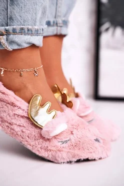 Świąteczne Ocieplane Futrzane Papcie Różowe Jingle Bells