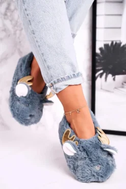 Świąteczne Ocieplane Futrzane Papcie Niebieskie Jingle Bells