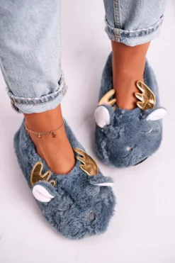 Świąteczne Ocieplane Futrzane Papcie Niebieskie Jingle Bells