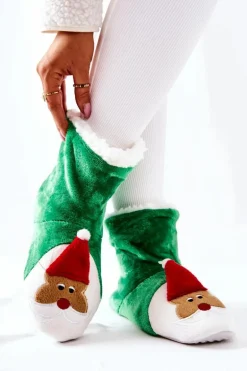 Świąteczne Papcie Ocieplane Mikołaj Zielone