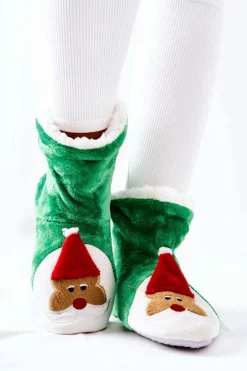 Świąteczne Papcie Ocieplane Mikołaj Zielone