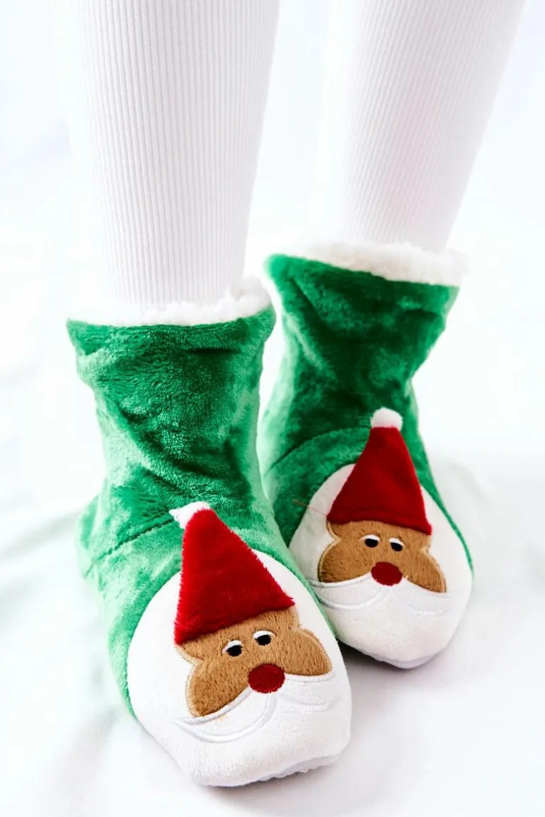 Świąteczne Papcie Ocieplane Mikołaj Zielone