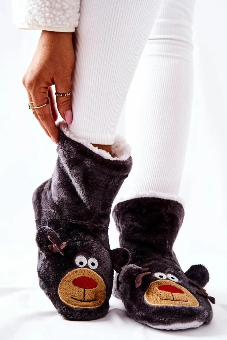 Świąteczne Papcie Ocieplane Renifer Szare