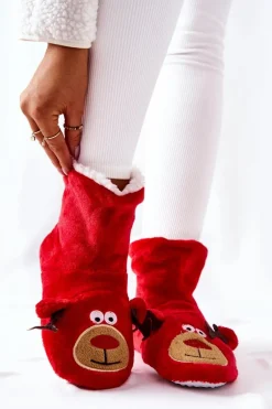 Świąteczne Papcie Ocieplane Renifer Czerwone