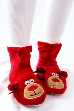 Świąteczne Papcie Ocieplane Renifer Czerwone