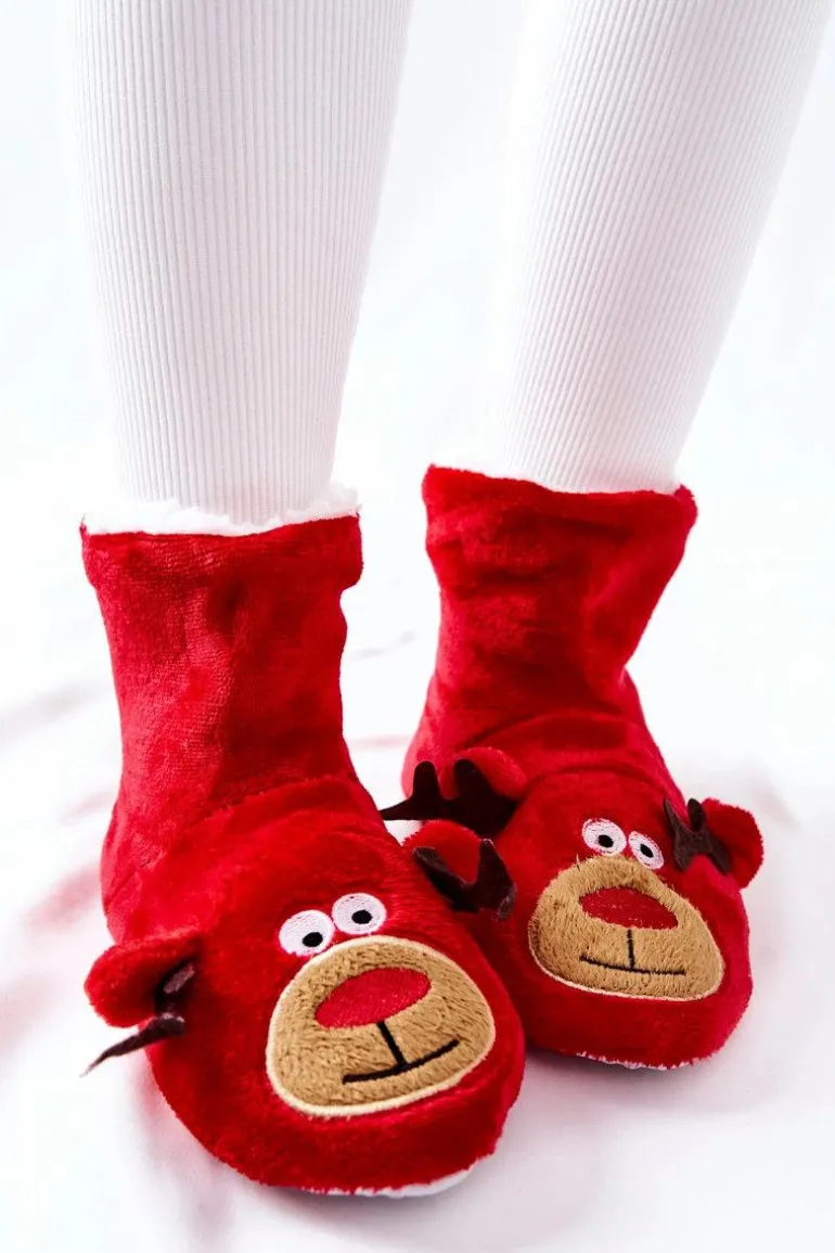 Świąteczne Papcie Ocieplane Renifer Czerwone