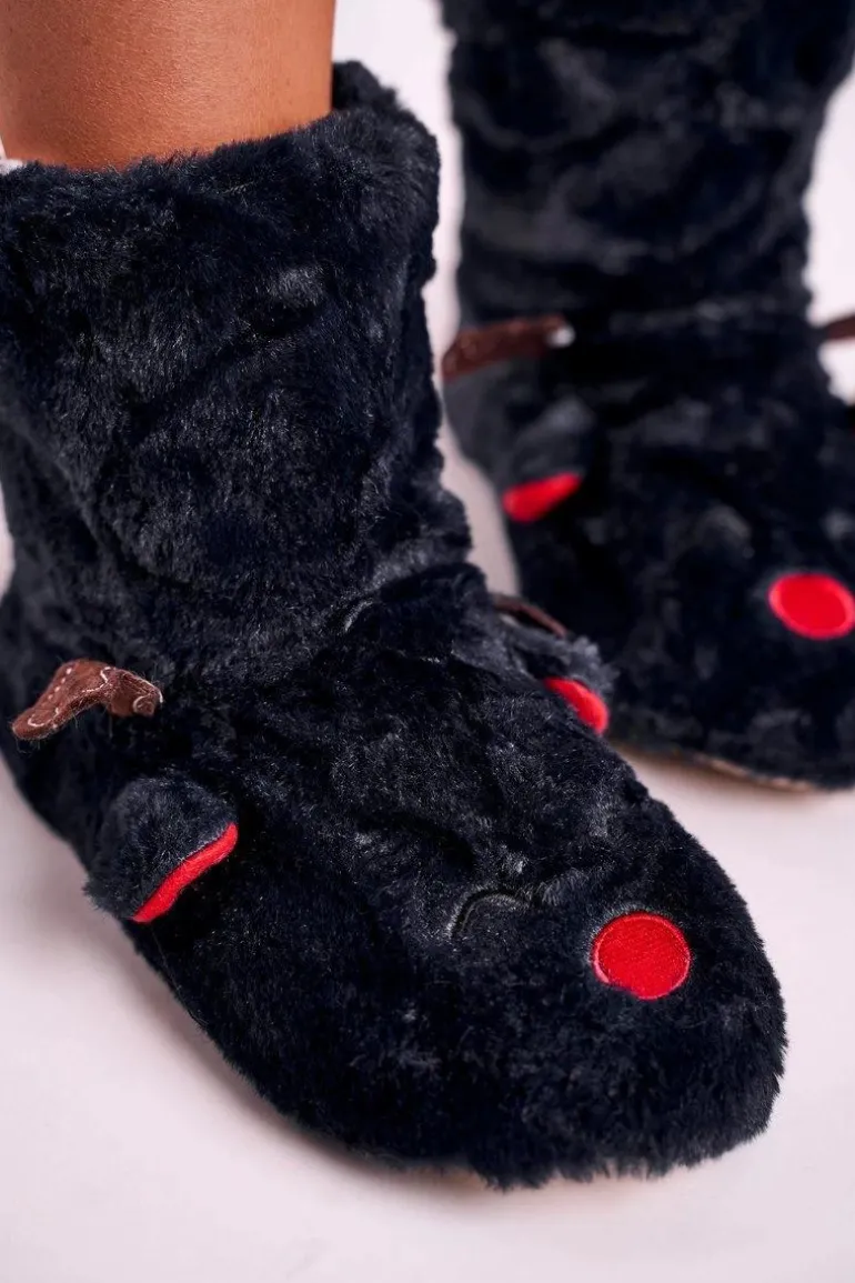 Świąteczne Papcie Z Reniferem Ocieplone Kożuszkiem Czarne Rudolph