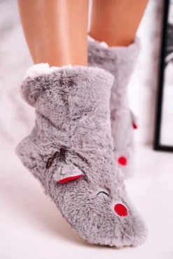 Świąteczne Papcie Z Reniferem Ocieplone Kożuszkiem Szare Rudolph