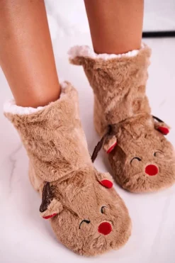 Świąteczne Papcie Z Reniferem Ocieplone Kożuszkiem Beżowe Rudolph