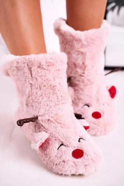 Świąteczne Papcie Z Reniferem Ocieplone Kożuszkiem Różowe Rudolph